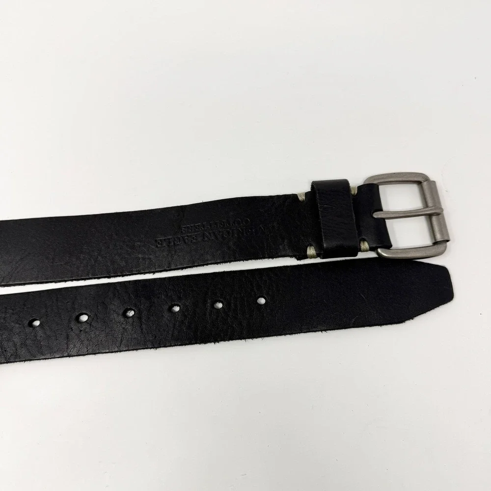 American Eagle Belt Mens 37 Black Leather Buckle VTG Rugged Eagle‎ Logo Y2K